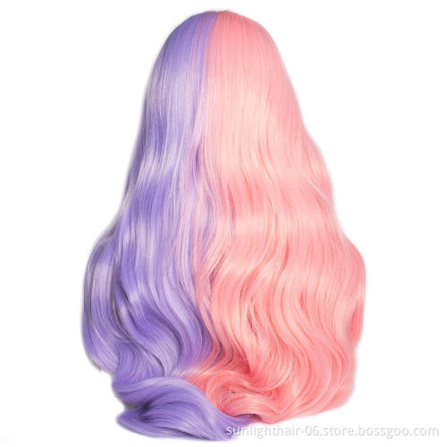 Sunlight body Wavy Half Pink and Half Purple Synthetic Lace Front Wigs for Women Middle Part Cosplay synthetic fiber hair wig